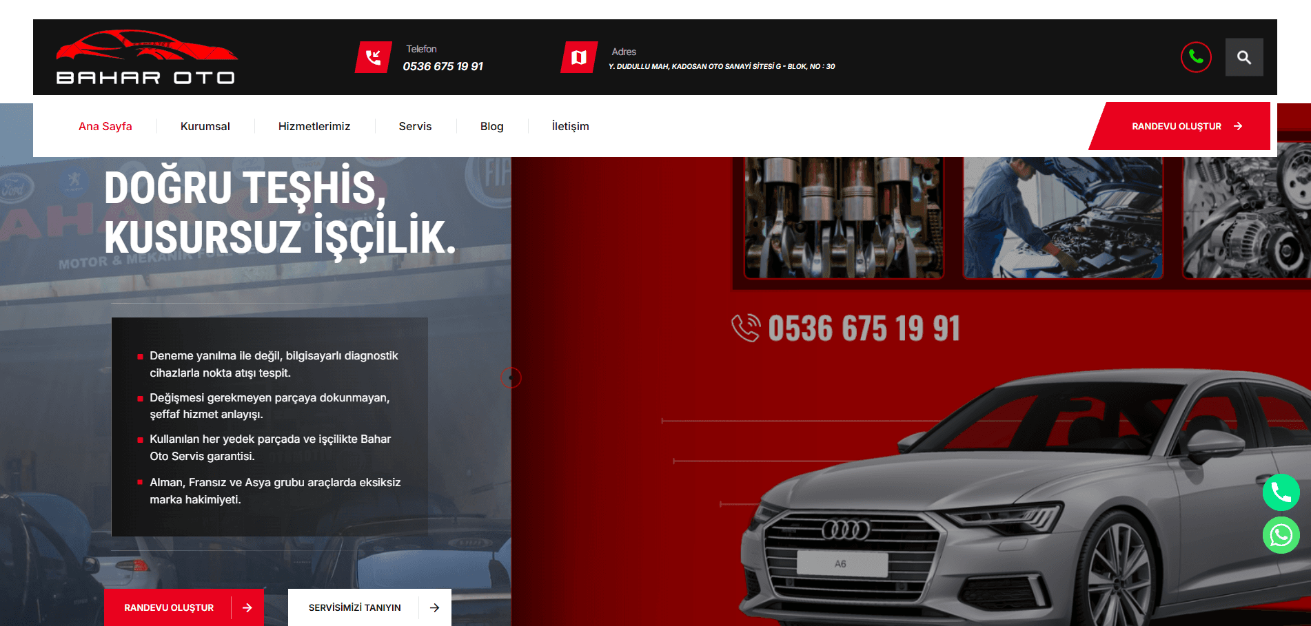 Bahar Oto Servis web sitesi ekran görüntüsü